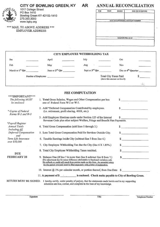 Annual Reconciluation, City Employee Withholding Tax, Fee Computation Form Printable pdf