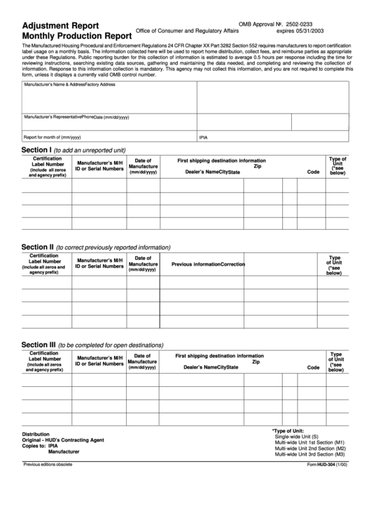 Form Hud-304 - Adjustment Report - Monthly Production Report Template - U.s. Department Of Housing And Urban Development Printable pdf