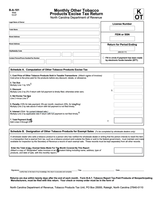 Fillable Monthly Other Tobacco Products Excise Tax Return Form - 2007 Printable pdf