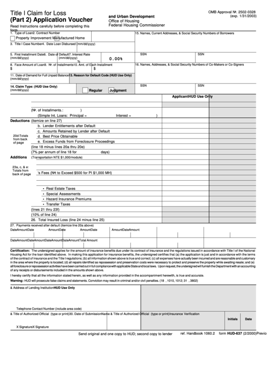 Fillable Form Hud-637 - Title I Claim For Loss (Part 2) Application Voucher Form - U.s. Department Of Housing And Urban Development Printable pdf