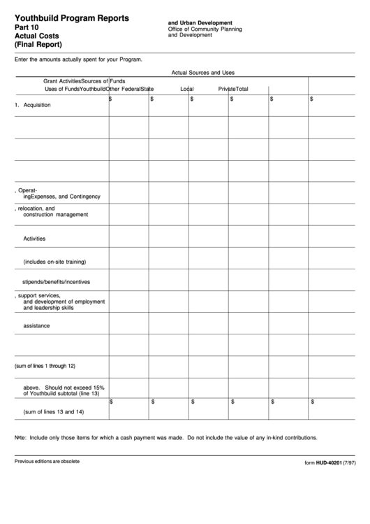 Form Hud-40201 - Youthbuild Program Reports Part 10 Actual Costs (Final Report) Form - U.s. Department Of Housing And Urban Development Printable pdf
