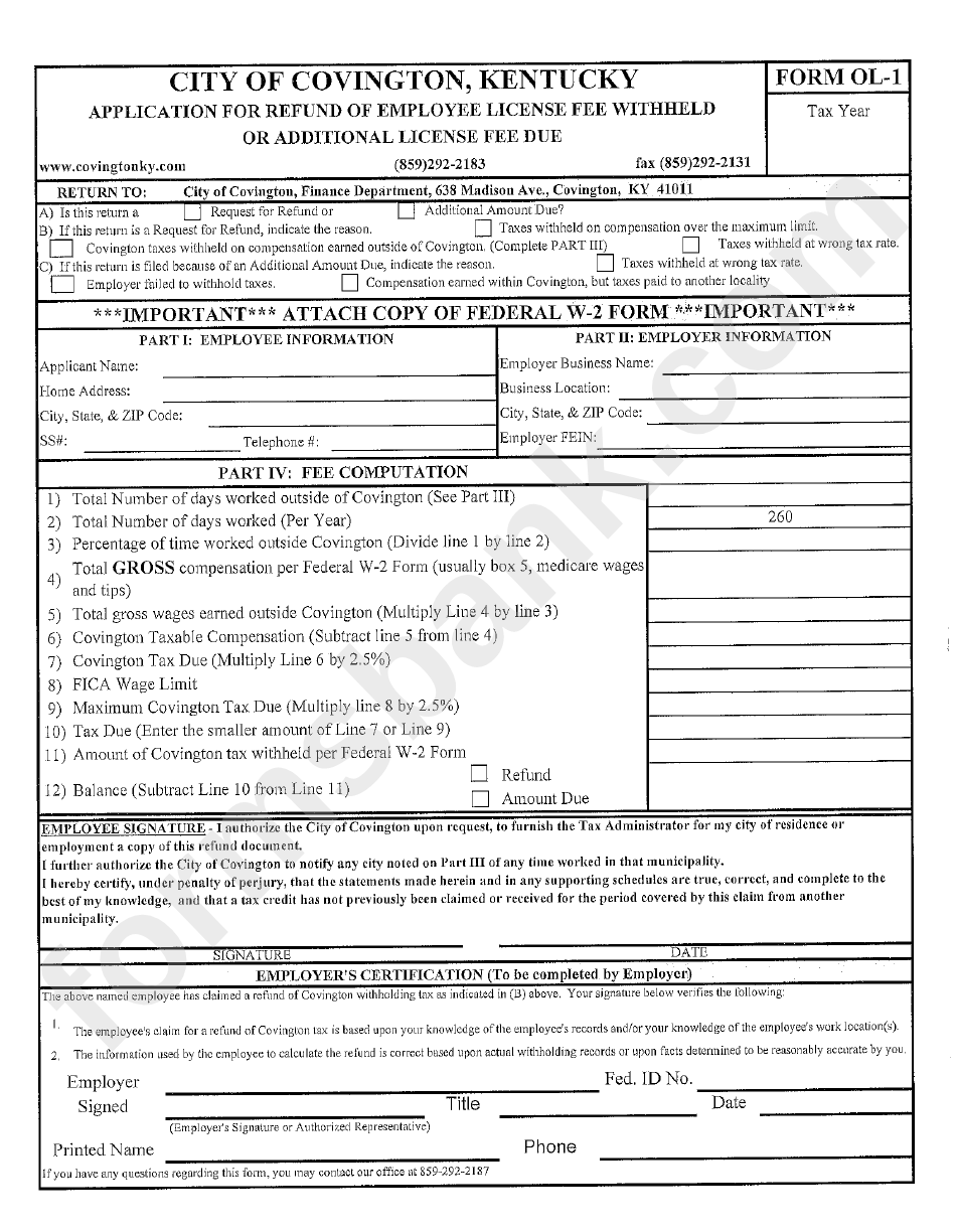 Form Ol-1 - Application For Refund Of Employee License Fee Withheld Or Additional License Fee Due