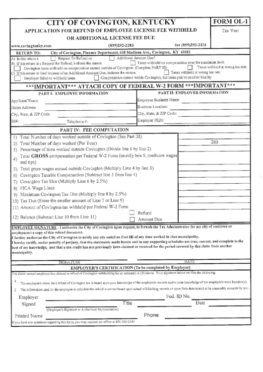 Form Ol-1 - Application For Refund Of Employee License Fee Withheld Or Additional License Fee Due Printable pdf