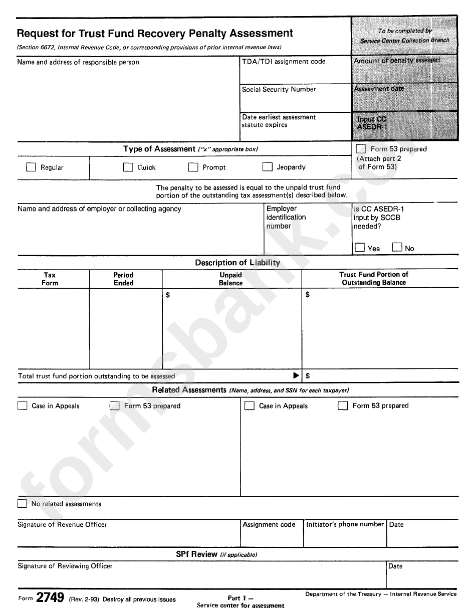 Form 2749 - Request For Trust Fund Recovery Penalty Assessment