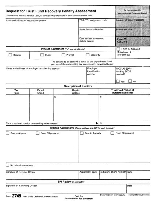 Form 2749 - Request For Trust Fund Recovery Penalty Assessment Printable pdf