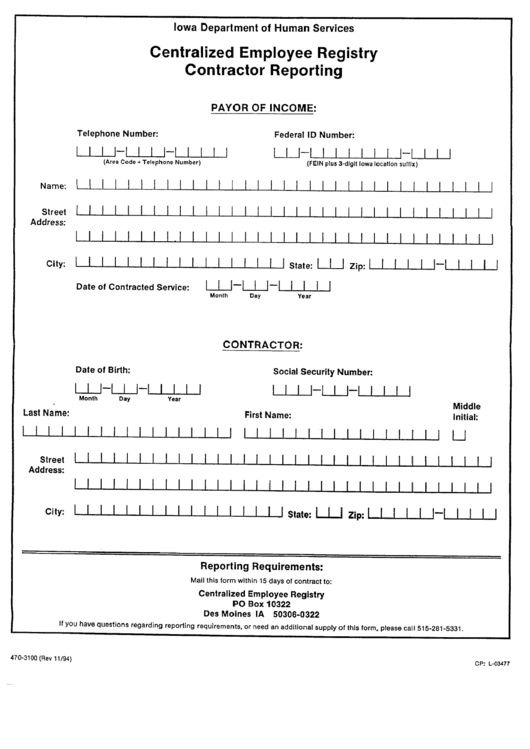 Centralized Employee Registry Contractor Reporting Form - 1994 Printable pdf