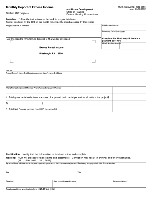 Form Hud-93104 - Monthly Report Of Excess Income Form - U.s. Department Of Housing And Urban Development Printable pdf