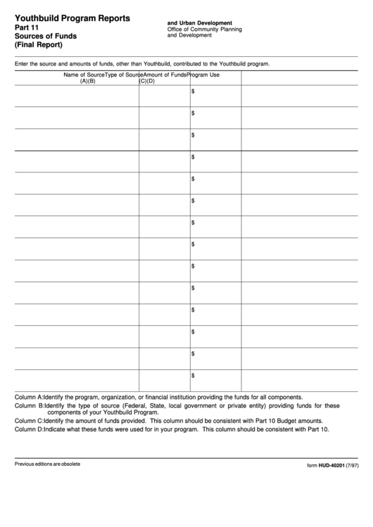 Form Hud-40201 - Youthbuild Program Reports Part 11 Sources Of Funds (Final Report) Form - U.s. Department Of Housing And Urban Development Printable pdf