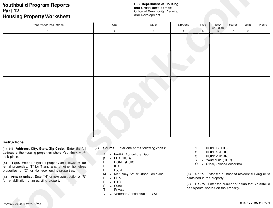 Form Hud-40201 - Youthbuild Program Reports Part 12 Housing Property Worksheet - U.s. Department Of Housing And Urban Development