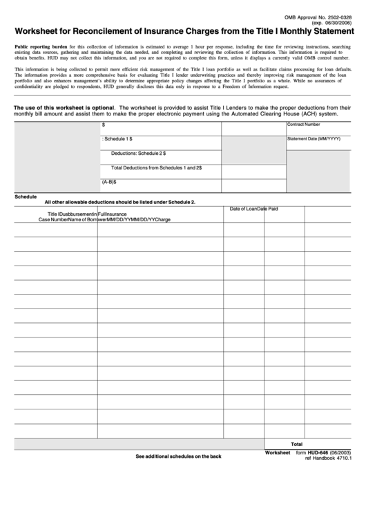 Fillable Form Hud-646 - Worksheet For Reconcilement Of Insurance Charges From The Title I Monthly Statement Printable pdf