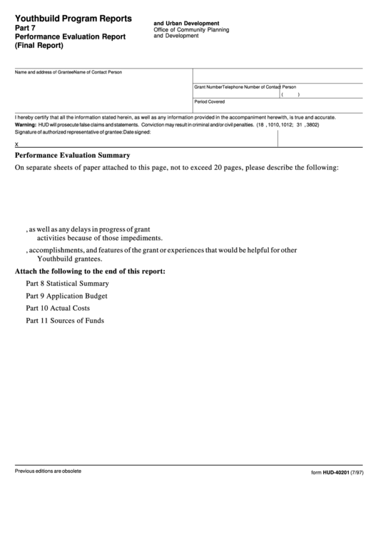 Form Hud-40201 - Youthbuild Program Reports Part 7 Performance Evaluation Report (Final Report) Form - U.s. Department Of Housing And Urban Development Printable pdf