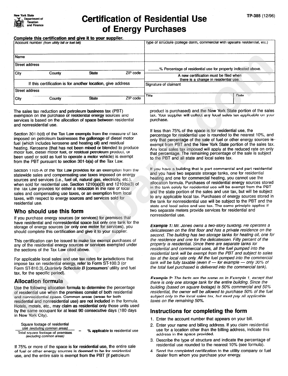 Form Tp-385 - Certification Of Residential Use Of Energy Purchases - 1996