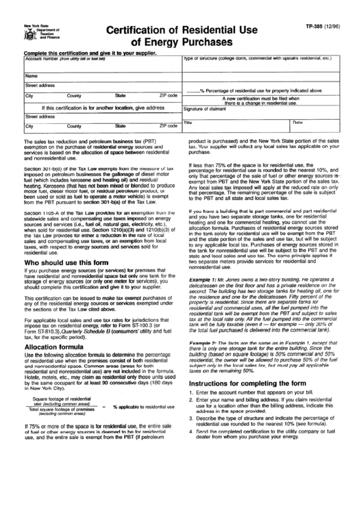Form Tp-385 - Certification Of Residential Use Of Energy Purchases - 1996 Printable pdf