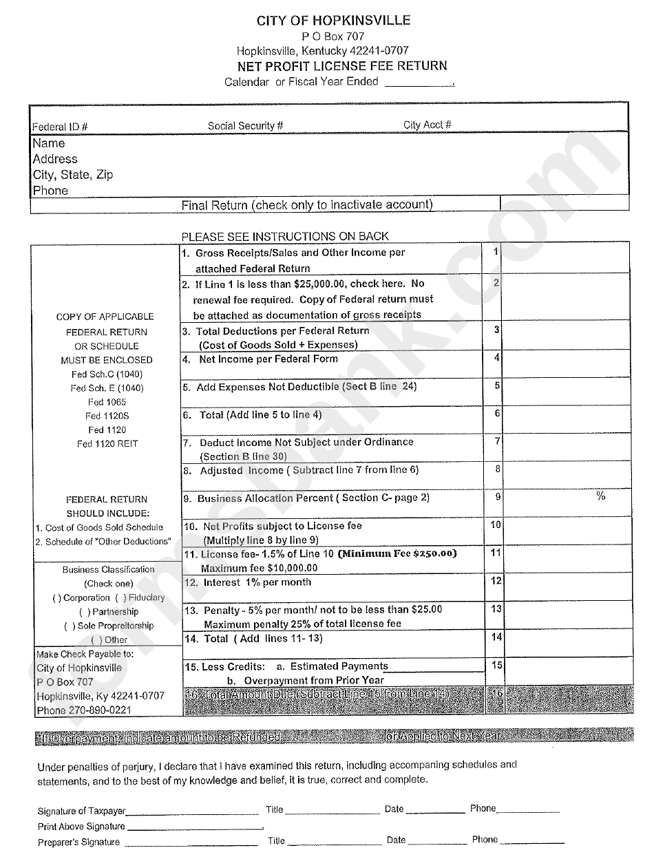 Net Profit License Fee Return Form printable pdf download