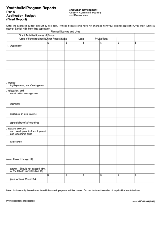 Form Hud-40201 - Youthbuild Program Reports Part 9 Application Budget (Final Report) Form - U.s. Department Of Housing And Urban Development Printable pdf