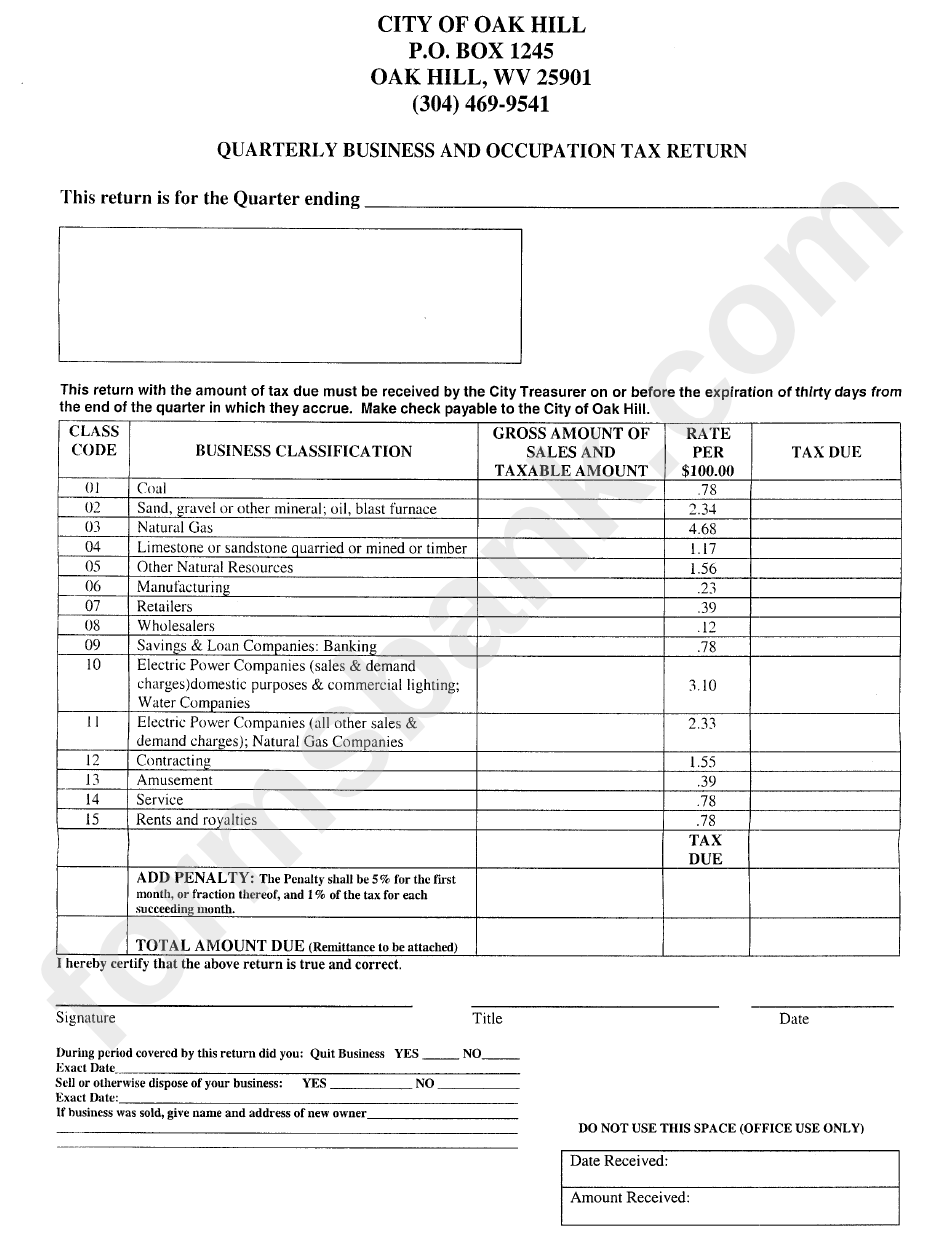 Quarterly Business And Occupation Tax Return Form