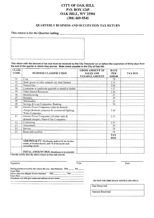 Quarterly Business And Occupation Tax Return Form Printable pdf
