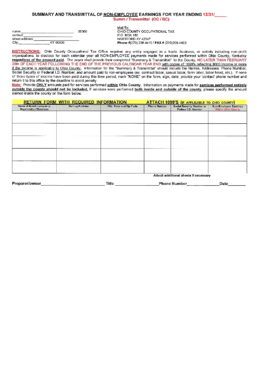 Summary And Transmittal Of Non-Employee Earnings Form Printable pdf