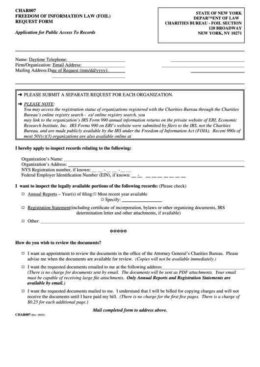 Form Char007 - Freedom Of Information Law (Foil) Request Form - New York Department Of Law Printable pdf