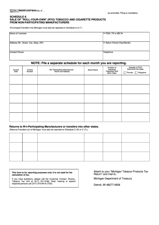 Form 3669 - Schedule K Sale Of "Roll-Your-Own" (Ryo) Tobacco And Cigarette Products From Non-Participating Manufacturers May 2001 Printable pdf