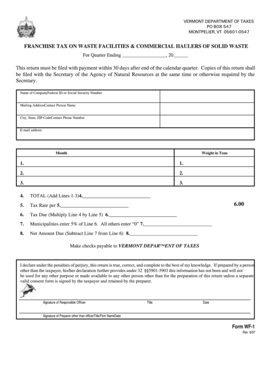 Form Wf-1 - Franchise Tax On Waste Facilities & Commercial Haulers Of Solid Waste - 2007 Printable pdf