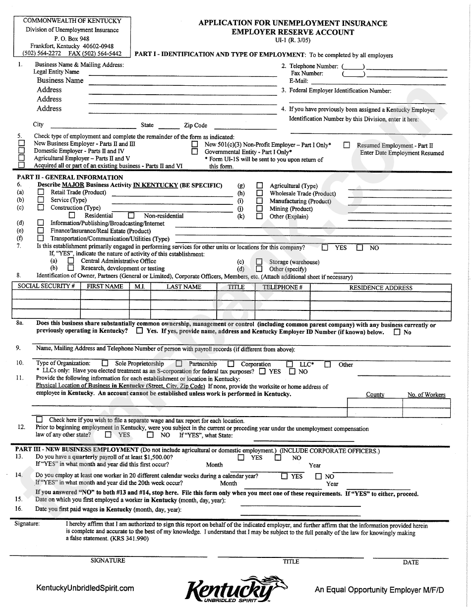 Form Ui-1 - Application For Unemployment Insurance Employer Reserve Account - 2005
