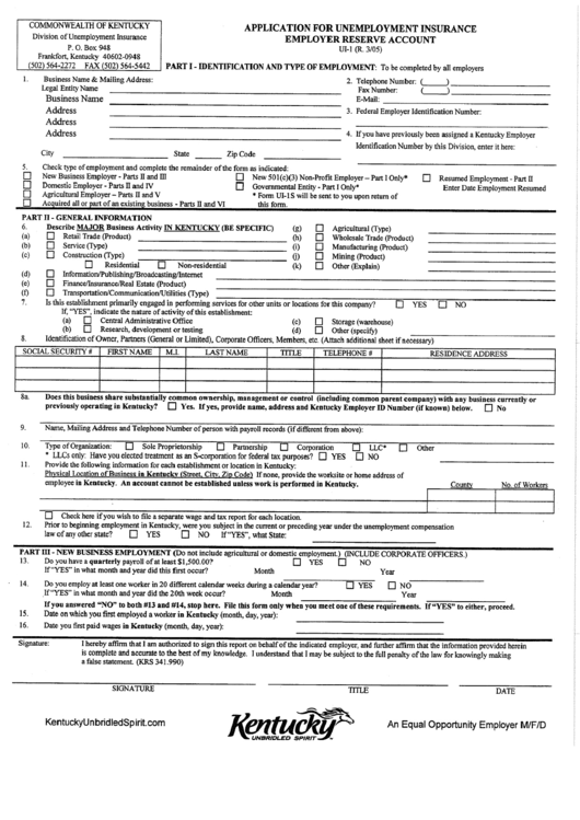 Form Ui-1 - Application For Unemployment Insurance Employer Reserve Account - 2005 Printable pdf