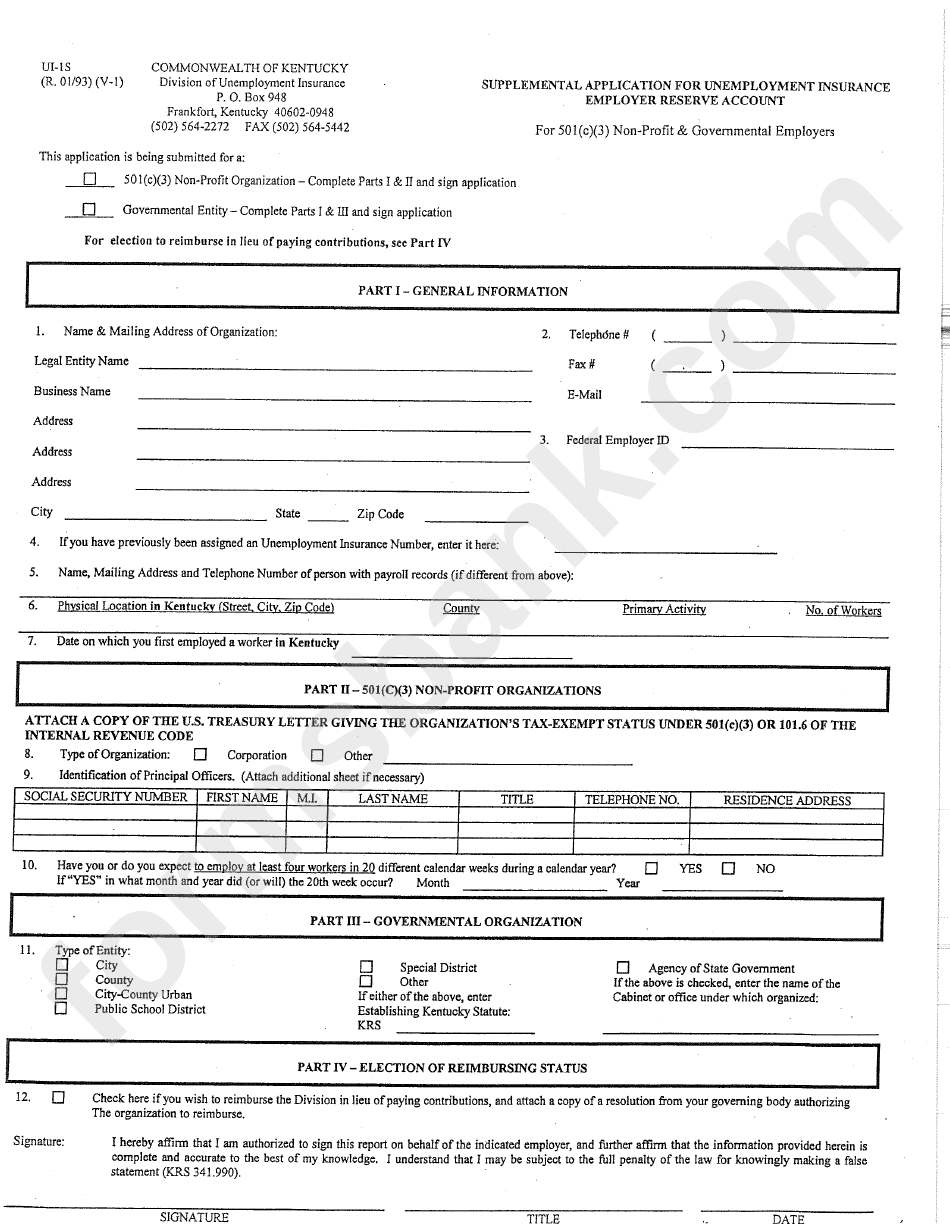 Form Ui-Is - Supplemental Application For Unemployment Insurance Employer Reserve Account - 1993