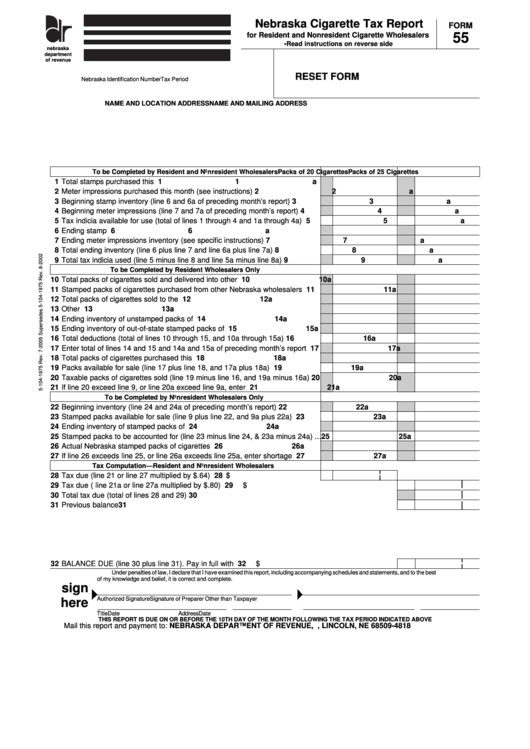 Fillable Form 55 - Nebraska Cigarette Tax Report Printable pdf