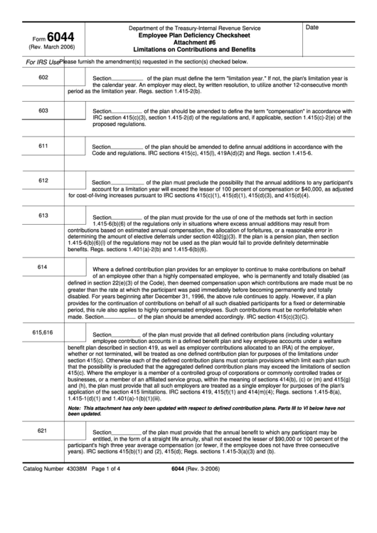 Fillable Form 6044 - Employee Plan Deficiency Checksheet - 2006 Printable pdf
