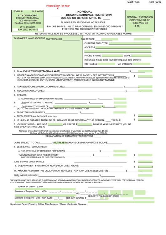 Fillable Form Ir - Individual Reading Earnings Tax Return Printable pdf