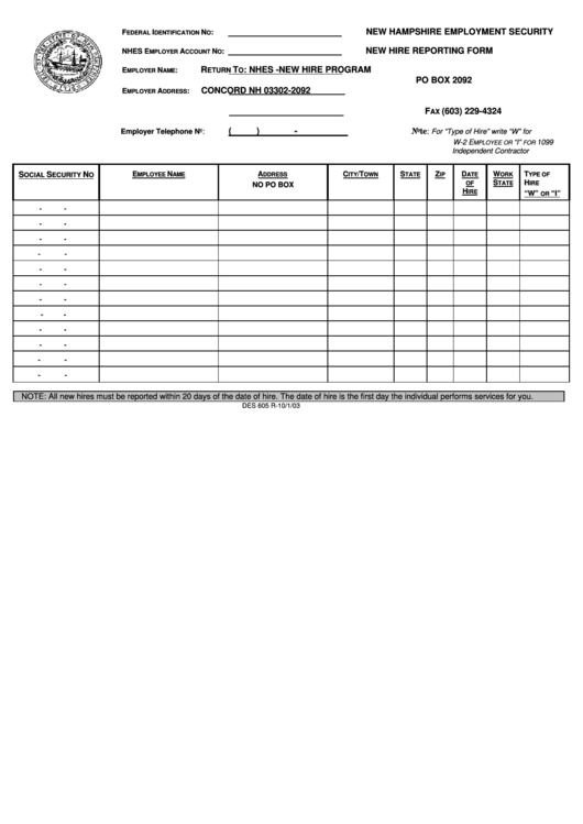 Fillable New Hire Reporting Form - 2003 Printable pdf