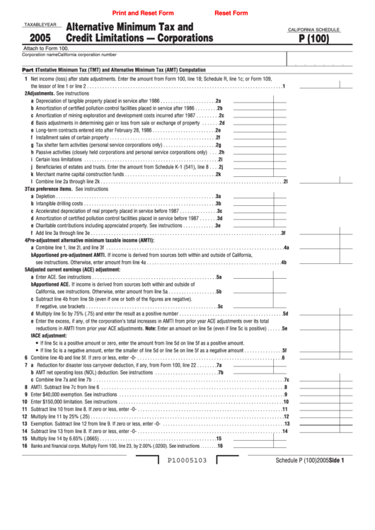Fillable California Schedule P (100) - Alternative Minimum Tax And Credit Limitations - Corporations - 2005 Printable pdf