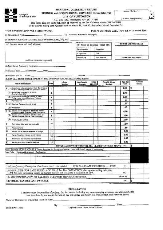 Form Dfa316 - Municipal Quarterly Return - Business And Occupational Privilege - 2000 Printable pdf