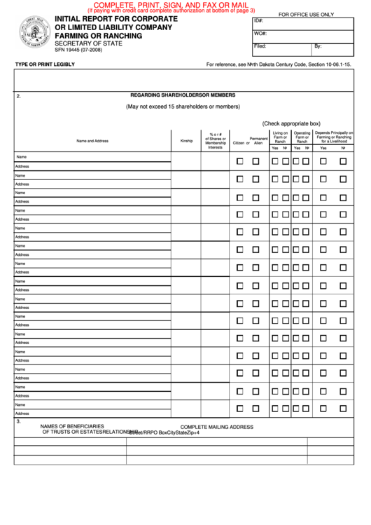 Fillable Form Sfn 19445 - Initial Report For Corporate Or Limited Liability Company Farming Or Ranching - 2008 Printable pdf