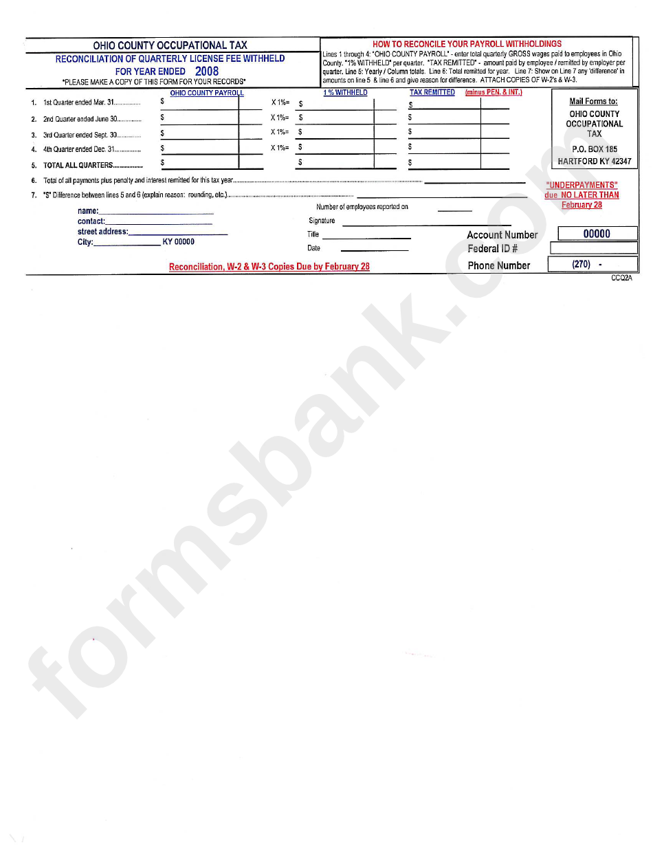 Form Ccq2a - Reconciliation Of Qurterly License Fee Withheld