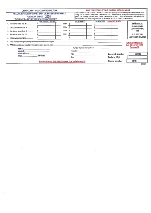 Form Ccq2a - Reconciliation Of Qurterly License Fee Withheld Printable pdf