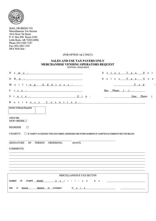 Sales And Use Tax Payers Only Merchandise Vending Operators Request Form Printable pdf