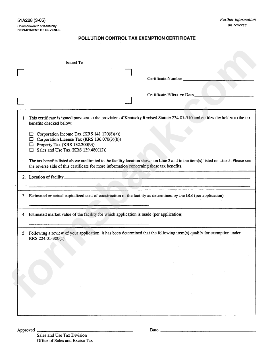 Form 51a226 - Pollution Control Tax Exemption Certificate - 2005