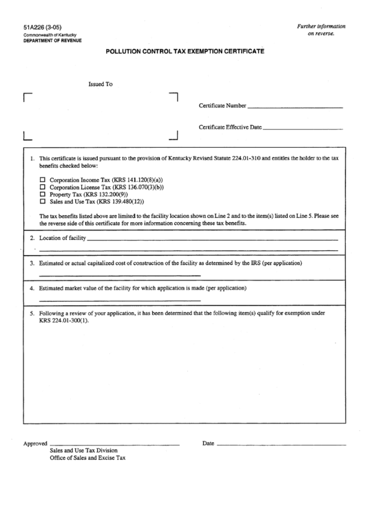 Form 51a226 - Pollution Control Tax Exemption Certificate - 2005 Printable pdf