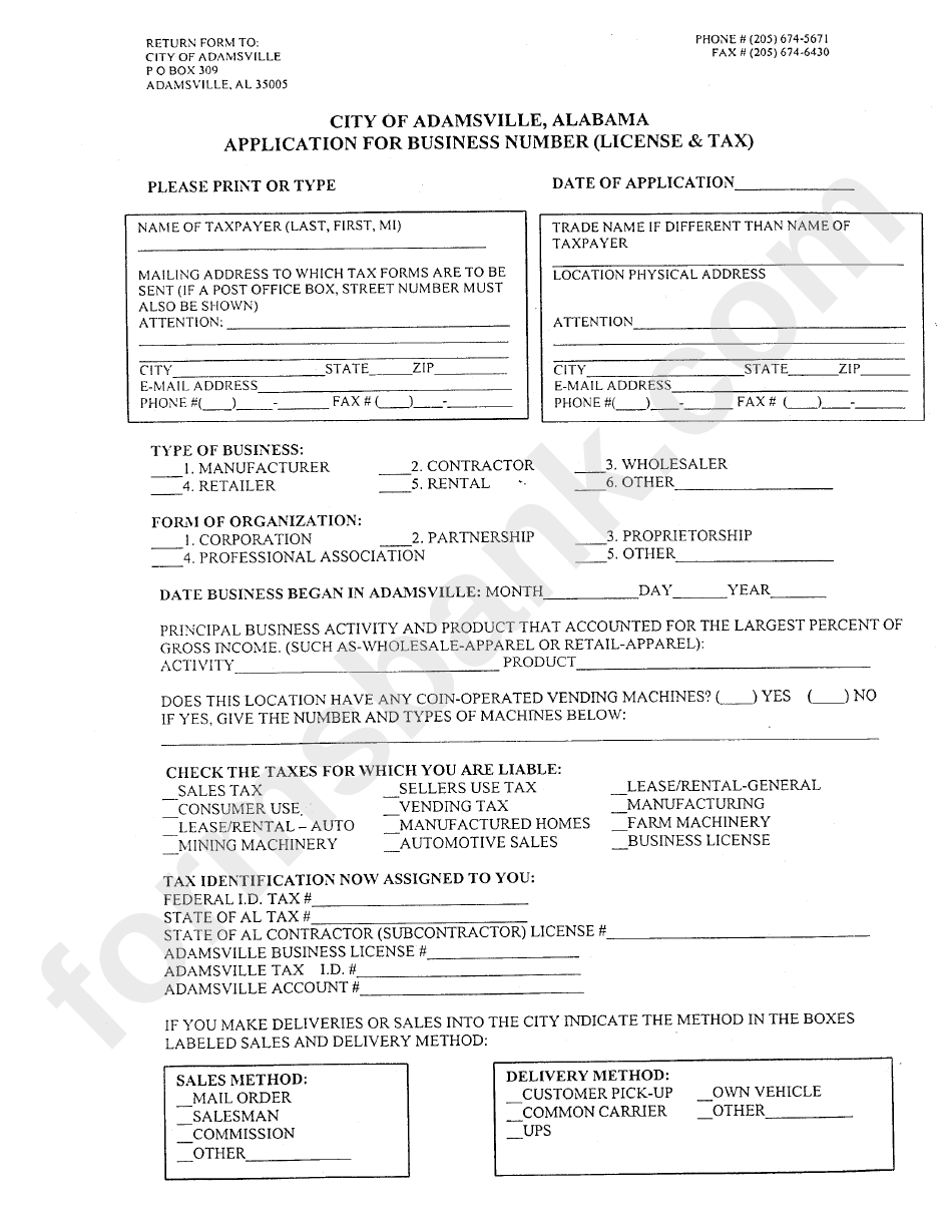 Application For Business Number (License And Tax) Form