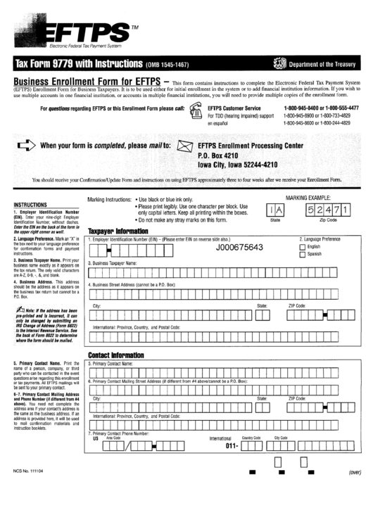 Form 9779 - Business Enrollment Form For Eftps - 2000 Printable pdf