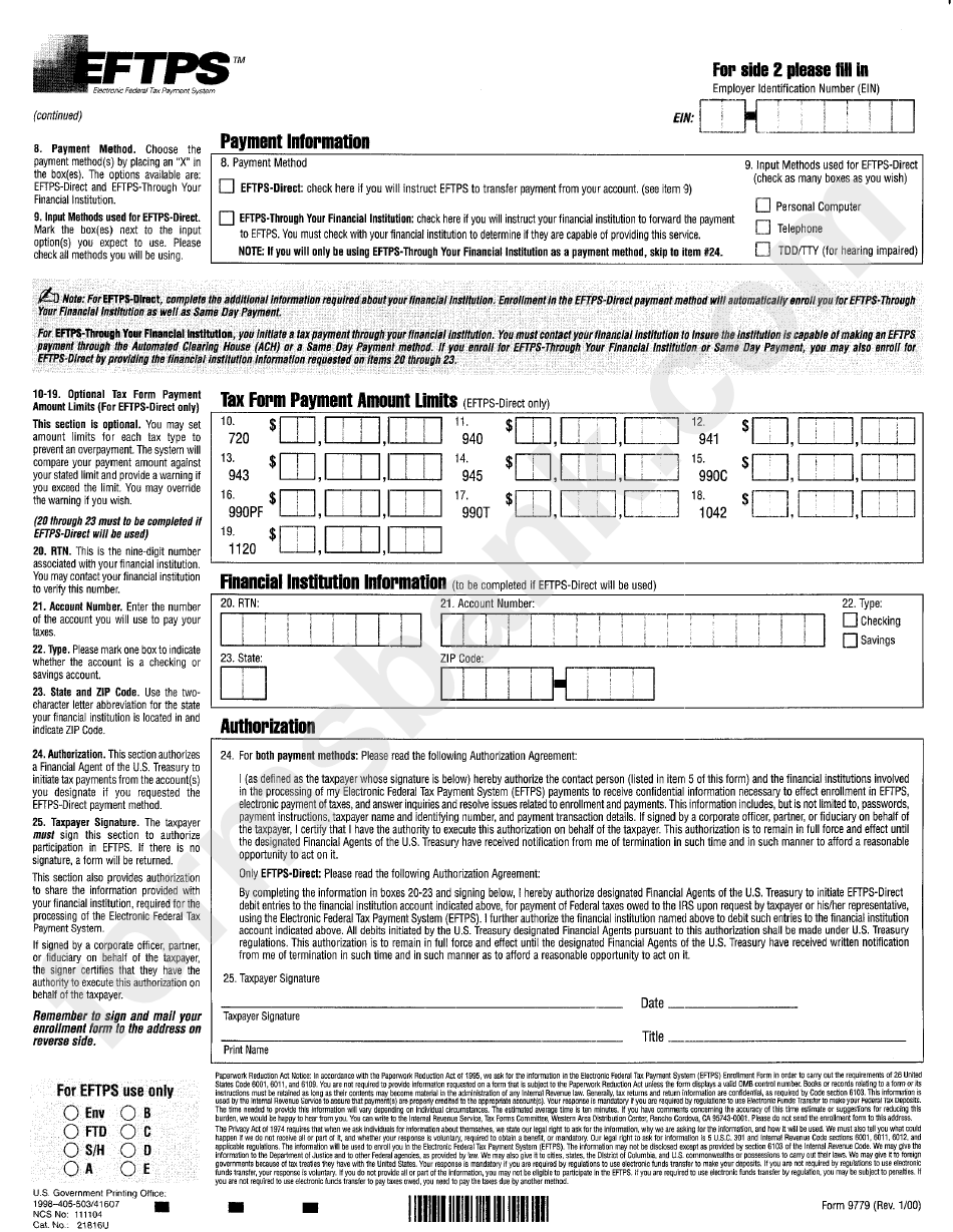 Form 9779 - Business Enrollment Form For Eftps - 2000