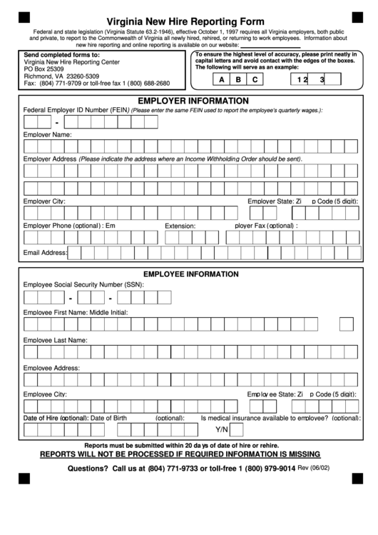New Hire Reporting Form - 2002 Printable pdf