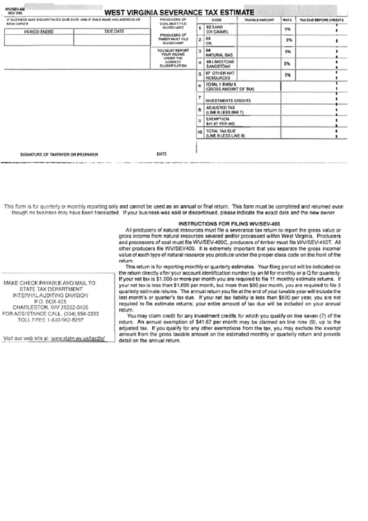 Form Sev-400 - Severance Tax Estimate - 2005 Printable pdf