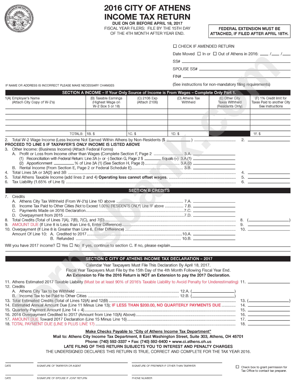Income Tax Return Form - City Of Athens - 2016