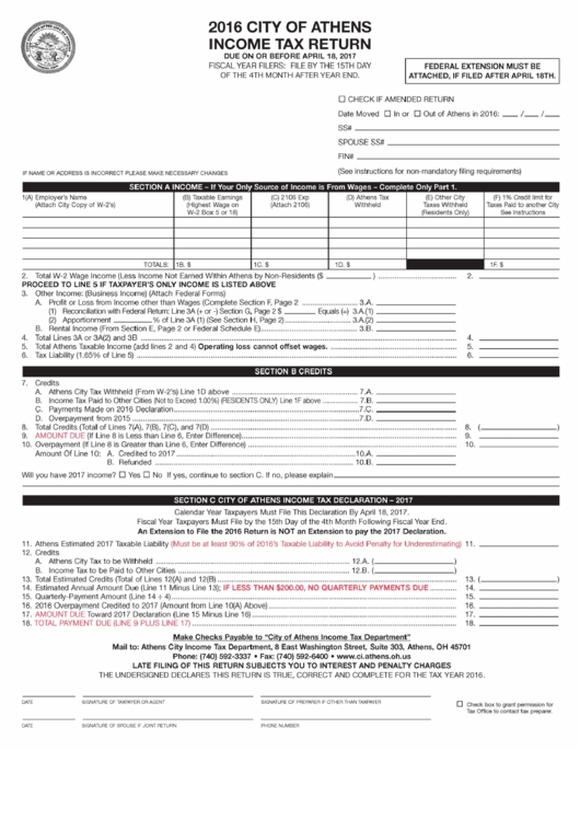 Income Tax Return Form - City Of Athens - 2016 Printable pdf