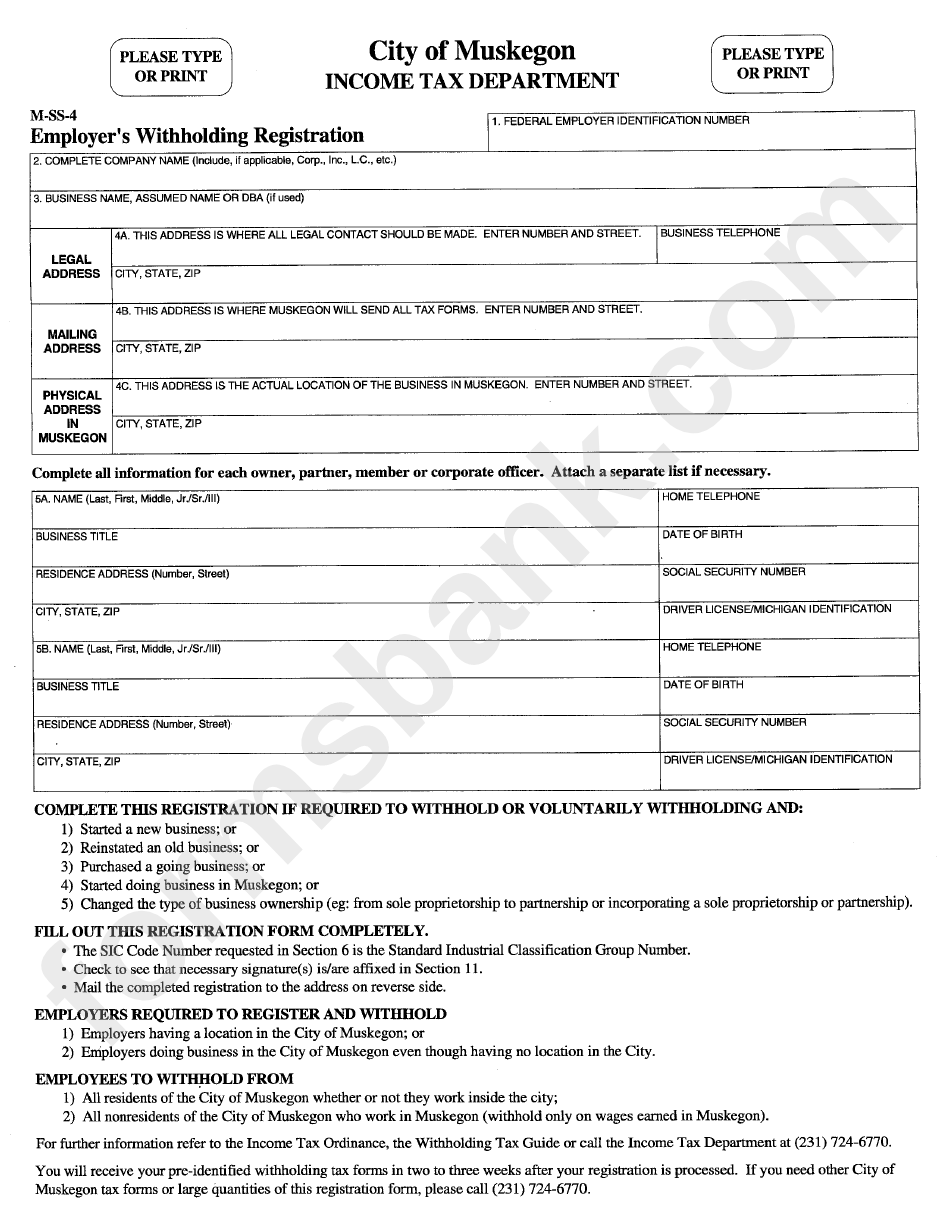 Form M-Ss-4 - Employers Withholding Registration Form