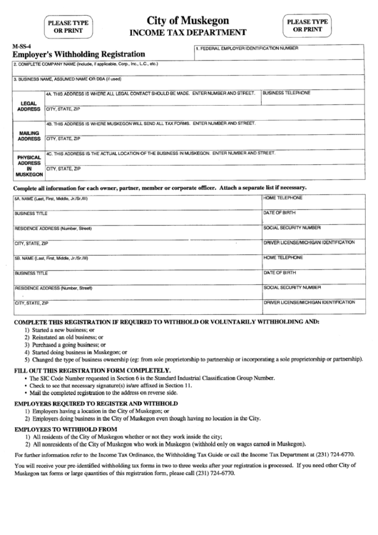 Form M-Ss-4 - Employers Withholding Registration Form Printable pdf