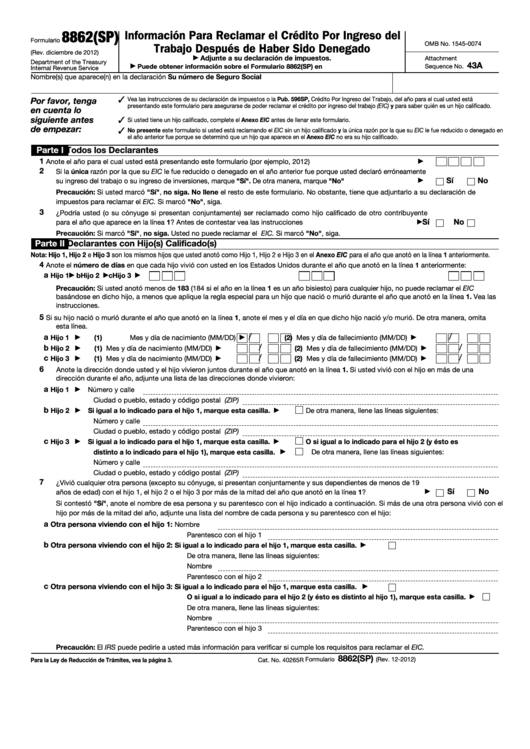 Form 8862(Sp) - Informacion Para Reclamar El Credito Por Ingreso Del Trabajo Despues De Haber Sido Denegado Form Printable pdf